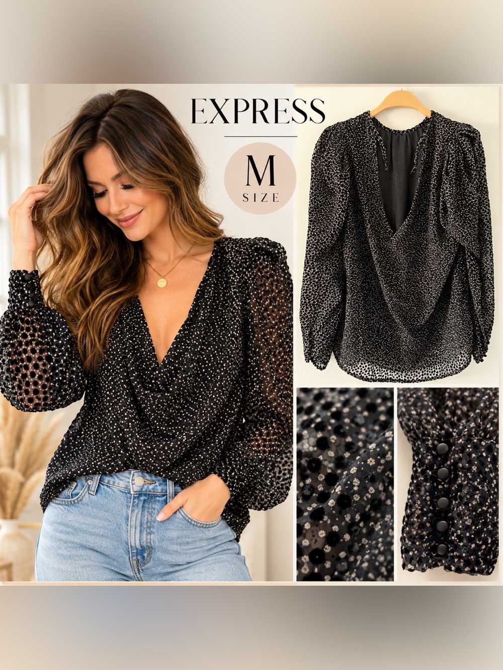 Express Women's Velvet Polka Dot Deep V-Back Blouse